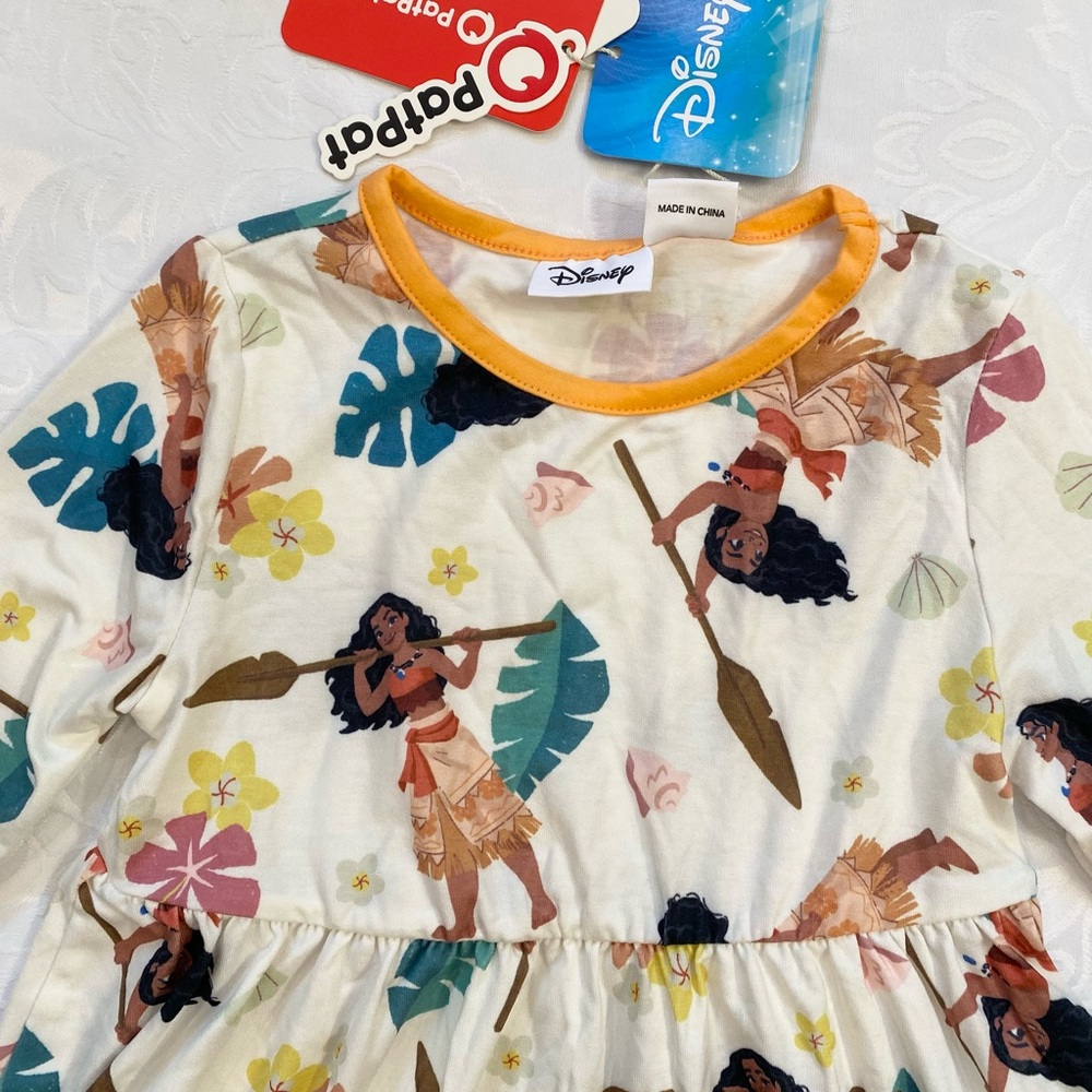 Disney Princess Moana Floral Toddler Girl Dress A Line Long Sleeve Kids Casual - Picture 7 of 8